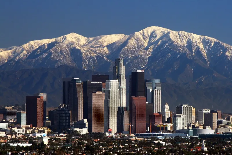 Downtown Los Angeles with the San Gabriel Mountains